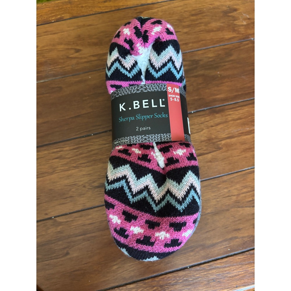 K. Bell Sherpa Slipper Socks 2 Pairs Pink Chevron Black Bow Size S/M 5-8.5 NEW